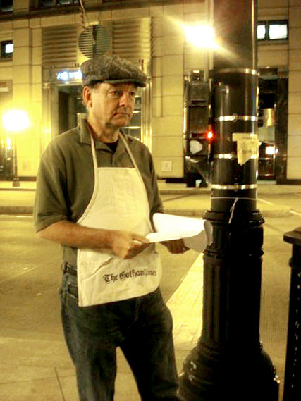 George Hroziencik as the Gotham Times News Vendor